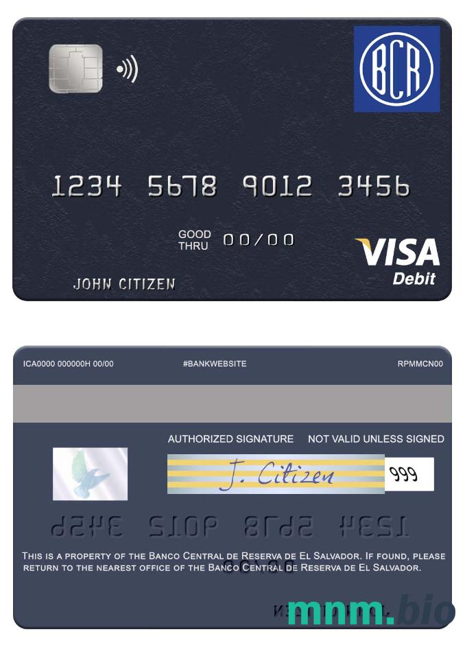El Salvador Banco Central de Reserva de El Salvador visa debet karta przykład w formacie PSD